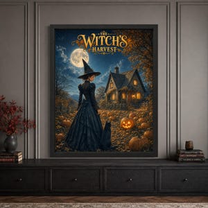 Framed witch Halloween wall art featuring a woman in a dark witch dress beside a black cat in a moonlit pumpkin patch, surrounded by jack-o’-lanterns, autumn leaves and a glowing cottage beneath “The Witch’s Harvest” typography.