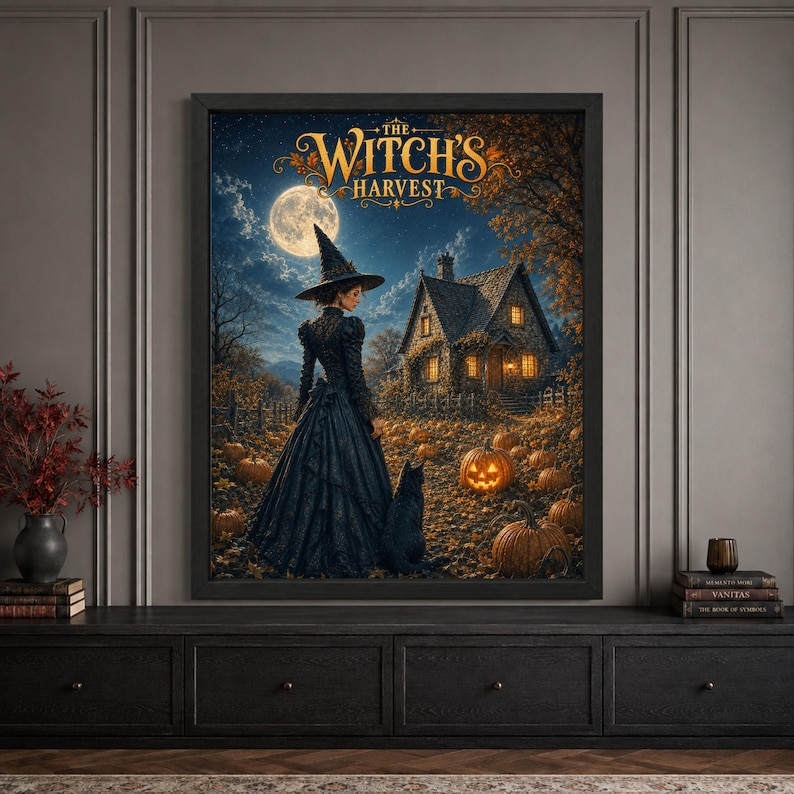 Framed witch Halloween wall art featuring a woman in a dark witch dress beside a black cat in a moonlit pumpkin patch, surrounded by jack-o’-lanterns, autumn leaves and a glowing cottage beneath “The Witch’s Harvest” typography.
