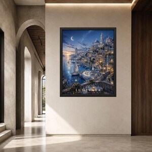 May include: A framed wall art print titled LUNEVARA Harbor of the Crescent Moon, depicting a coastal city at twilight with a crescent moon, sailboats on the water, stone architecture, warm glowing lights, and a balcony in the foreground.