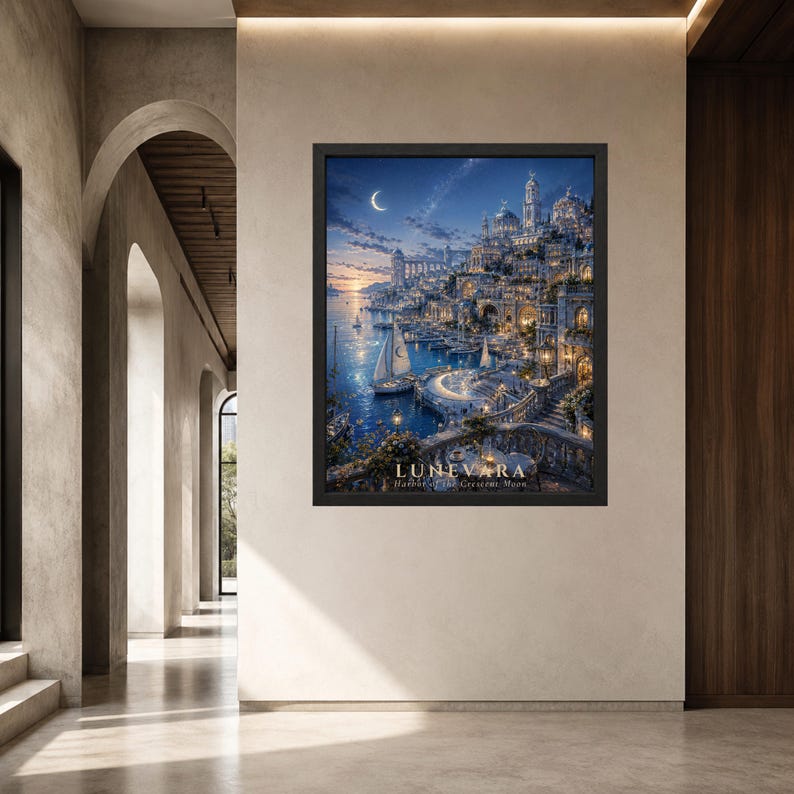 May include: A framed wall art print titled LUNEVARA Harbor of the Crescent Moon, depicting a coastal city at twilight with a crescent moon, sailboats on the water, stone architecture, warm glowing lights, and a balcony in the foreground.