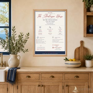 Puede incluir: Un cartel informativo para hu&eacute;spedes enmarcado titulado The Anderson House con fondo crema, texto en azul oscuro y rojo, e iconos para Wi-Fi, registro, contacto, reglas de la casa, actividades y servicios de emergencia.