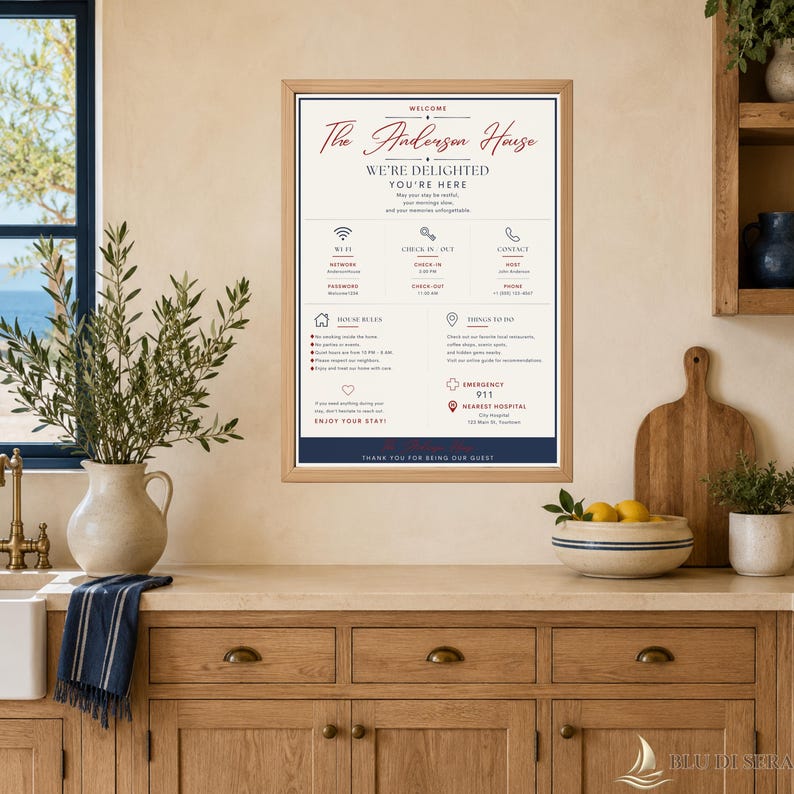 Puede incluir: Un cartel informativo para hu&eacute;spedes enmarcado titulado The Anderson House con fondo crema, texto en azul oscuro y rojo, e iconos para Wi-Fi, registro, contacto, reglas de la casa, actividades y servicios de emergencia.
