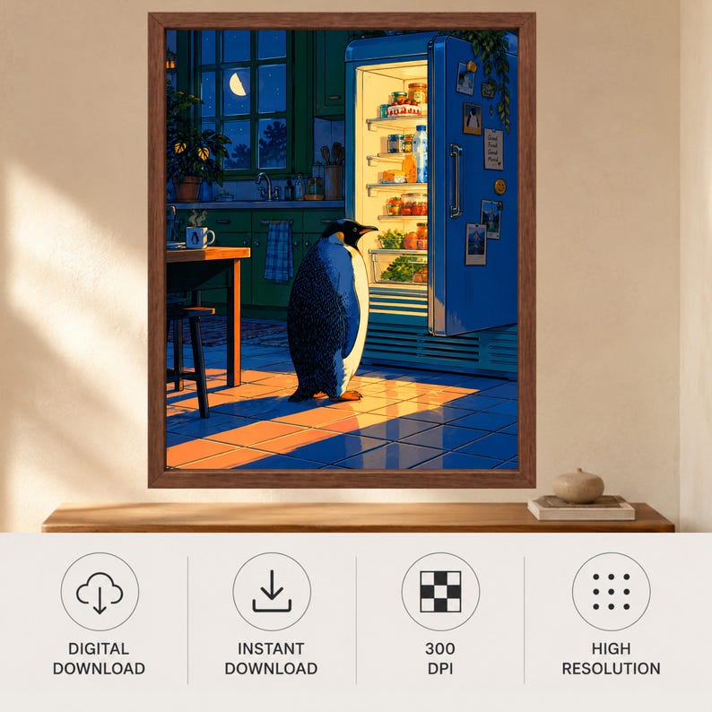 May include: A framed wall art print depicting a penguin standing in a kitchen at night, illuminated by the warm light of an open refrigerator. The scene features green cabinets, a wooden table, and a window showing a crescent moon in the dark sky.