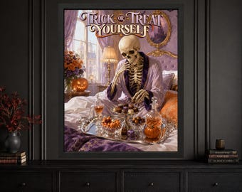 Funny Skeleton Halloween Wall Art, Trick or Treat Yourself Poster (Digital Download)