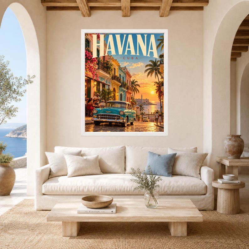 Havana Cuba Travel Poster, Classic Car, Tropical Sunset (Digital Download) image 3