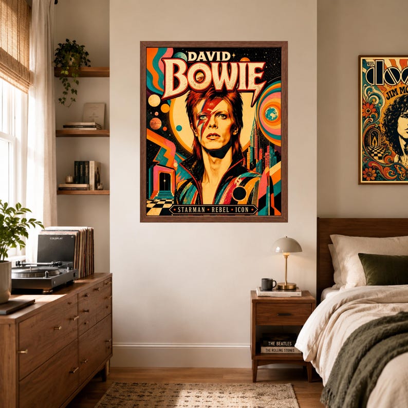 May include: A framed rectangular wall art print featuring a stylized portrait of David Bowie with his signature lightning bolt makeup. The vibrant, colorful background includes cosmic elements, planets, and geometric patterns with the text DAVID BOWIE.
