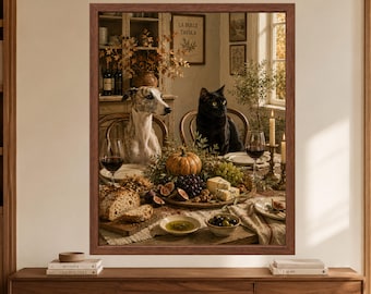 Black Cat & Greyhound Harvest Table Print, Rustic Dining Art (Digital Download)