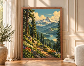 Alpine Lake Trail Print, Pine Forest, Snowy Peaks (Digital Download)
