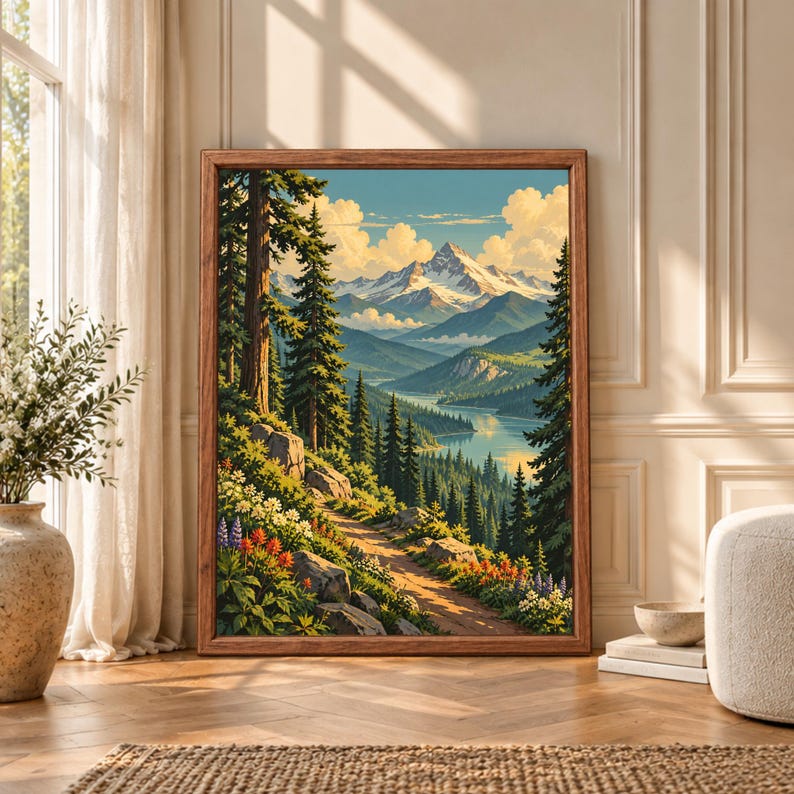 Framed mountain landscape wall art showing a sunlit pine forest trail with wildflowers leading toward a blue alpine lake and distant snow-covered peaks.