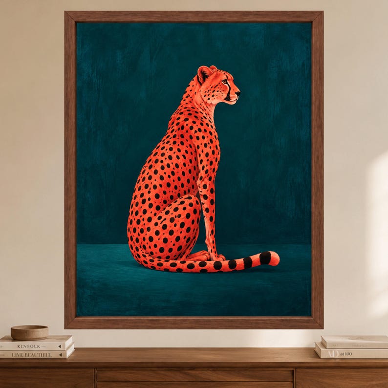 Cheetah Wall Art, Orange Teal Maximalist Animal Print (Digital Download) image 2