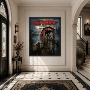 K&ouml;nnte beinhalten: Ein gerahmter Kunstdruck mit dem Titel The Red Bridge, der eine rote &uuml;berdachte Br&uuml;cke in einem nebligen, mondbeschienenen Wald zeigt. Die Szene enth&auml;lt eine leuchtende Laterne, ein Warnschild und ein entferntes Haus in dunklen T&ouml;nen.