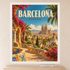 May include: A framed travel poster featuring a vibrant view of Barcelona, Spain. The image displays the Sagrada Familia in the distance, framed by colorful mosaic stone walls, bright pink bougainvillea flowers, and green palm trees under a blue sky.