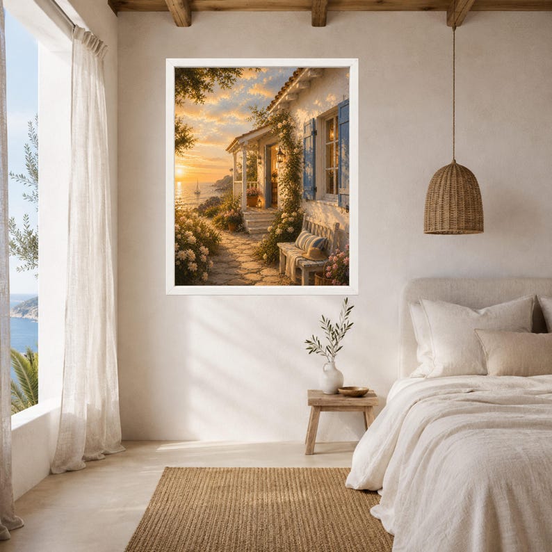 May include: A framed wall art print depicting a Mediterranean coastal cottage at sunset. The scene features a stone path, a wooden bench, climbing vines, and blue shutters, with a sailboat visible on the horizon under a warm, golden sky.
