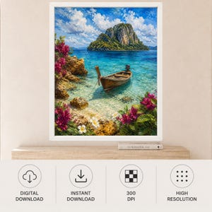 Peut inclure: Une impression d'art mural encadr&eacute;e repr&eacute;sentant une barque en bois flottant sur une eau turquoise claire pr&egrave;s d'une &icirc;le rocheuse. La sc&egrave;ne pr&eacute;sente des fleurs de bougainvilliers roses et des fleurs de frangipanier blanches au premier plan.