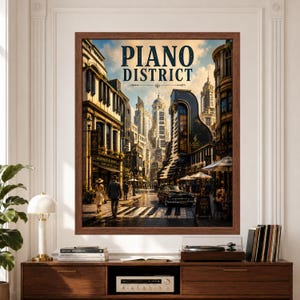 Framed Piano District fantasy music wall art featuring a sophisticated city avenue with giant piano-key architecture, grand-piano-shaped building, cafés, pedestrians and classic cars beneath a bright blue sky.