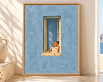 Woman Reading in Window Print, Mediterranean Blue Wall Art (Digital Download)