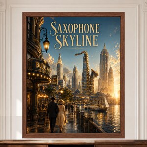 May include: A framed wall art print titled Saxophone Skyline featuring a city waterfront at sunset. A large golden saxophone rises above skyscrapers. A couple walks near a Blue Note jazz club entrance with warm lights and a sailboat on the water.