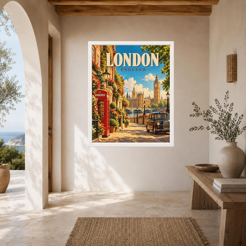 May include: A framed wall art print featuring a vibrant London street scene with a red telephone box, a black taxi, and the Big Ben clock tower in the background. The text LONDON ENGLAND is displayed in large, bold, cream-colored letters at the top.