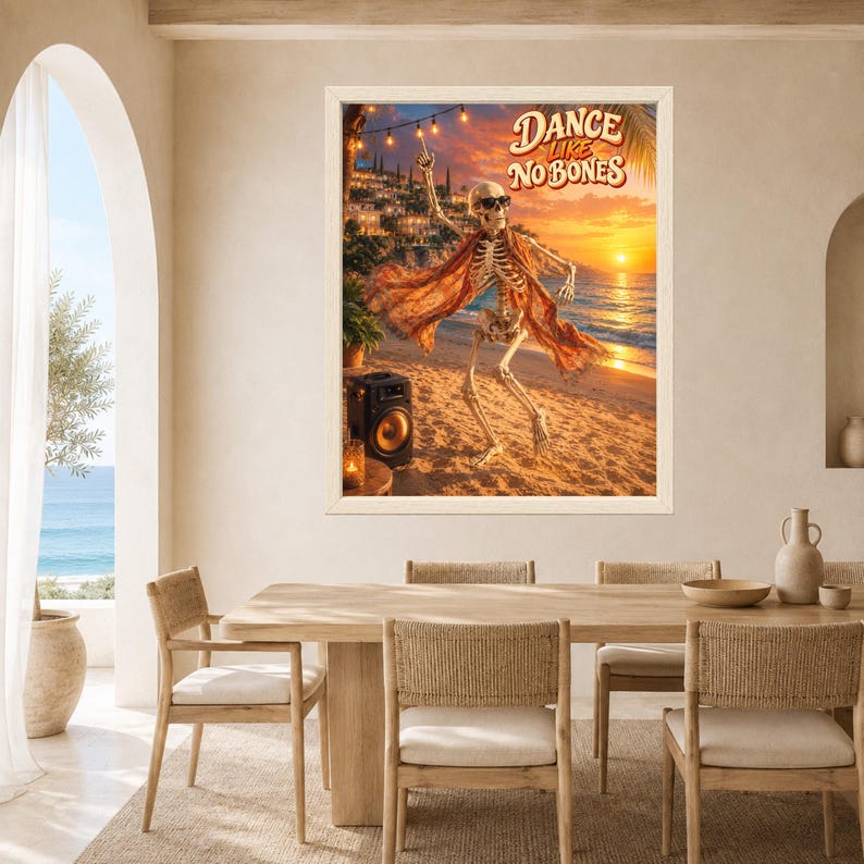 Dancing Skeleton Beach Party Print, Retro Summer Humor Art (Digital Download) image 5