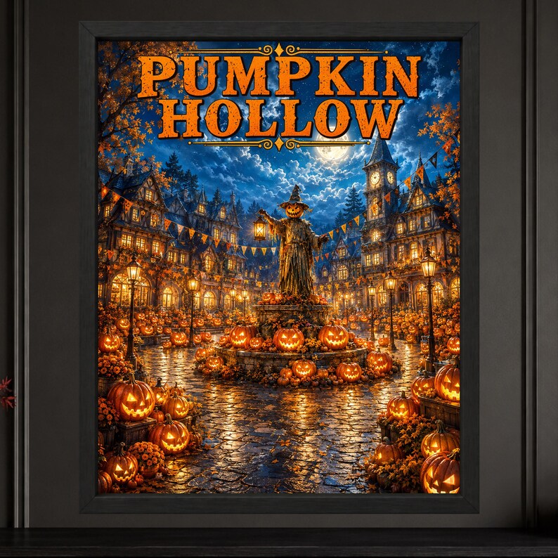 May include: A framed wall art print titled PUMPKIN HOLLOW featuring a night scene of a town square filled with glowing jack-o'-lanterns, a central scarecrow figure holding a lantern, old-fashioned buildings, and a full moon in the dark blue sky.