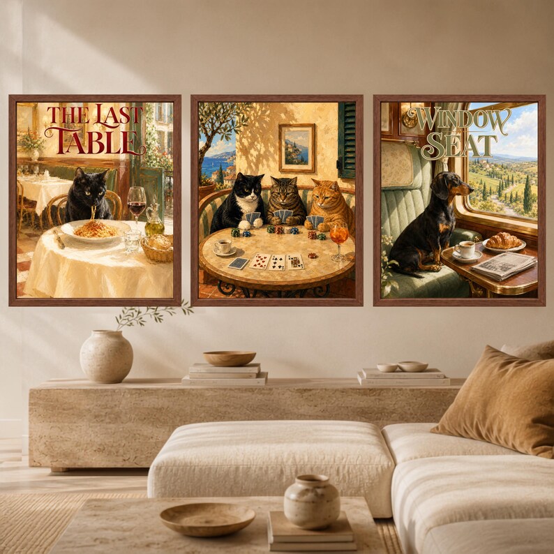 Muurdecoratie met katten die poker spelen, poster met mediterrane katten, decoratie voor de speelkamer, digitale download afbeelding 9