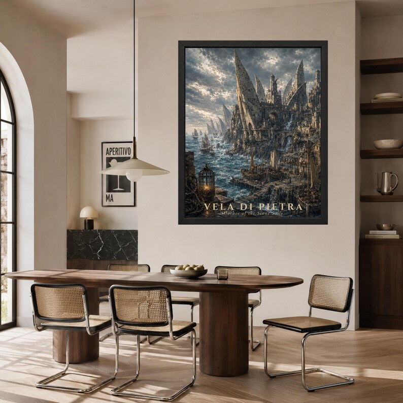May include: A framed rectangular wall art print titled VELA DI PIETRA Harbor of the Seven Sails, depicting a dark, intricate coastal city with towering stone spires, jagged cliffs, and sailing ships on a turbulent sea under a cloudy sky.