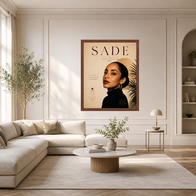 May include: A framed wall art print featuring a portrait of Sade with the text SADE LOVE DELUXE. The poster displays a beige background, a dark-haired person in a black turtleneck, a golden circular element, and a palm leaf silhouette on the right.