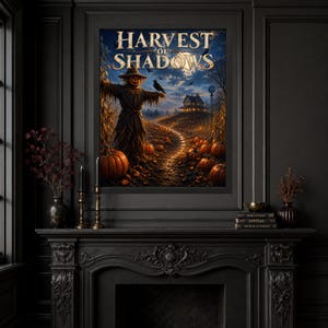 K&ouml;nnte beinhalten: Ein rechteckiger Wandkunstdruck mit dem Titel Harvest of Shadows, der eine Vogelscheuche in einem K&uuml;rbisfeld bei Nacht zeigt. Die Szene umfasst einen leuchtenden Vollmond, ein dunkles Haus auf einem H&uuml;gel und einen gewundenen Pfad.