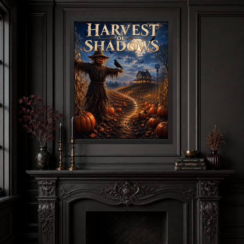 K&ouml;nnte beinhalten: Ein rechteckiger Wandkunstdruck mit dem Titel Harvest of Shadows, der eine Vogelscheuche in einem K&uuml;rbisfeld bei Nacht zeigt. Die Szene umfasst einen leuchtenden Vollmond, ein dunkles Haus auf einem H&uuml;gel und einen gewundenen Pfad.