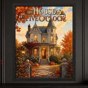 May include: A framed wall art print titled The House at Five O'Clock, featuring a Victorian-style house surrounded by autumn trees with orange leaves. A stone path leads to the front door, flanked by pumpkins and stone pillars under a sunset sky.