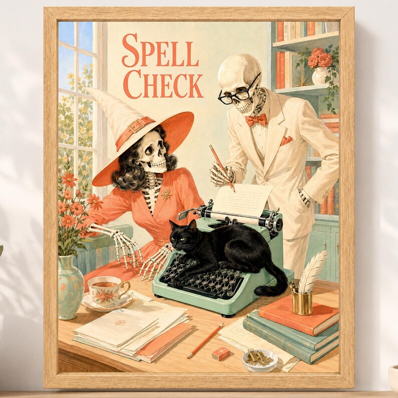 Pu&ograve; includere: Una stampa incorniciata intitolata Spell Check che mostra uno scheletro con cappello da strega e uno in abito elegante vicino a una macchina da scrivere verde chiaro. Un gatto nero &egrave; sui tasti. La scena include libri, una tazza e una penna.