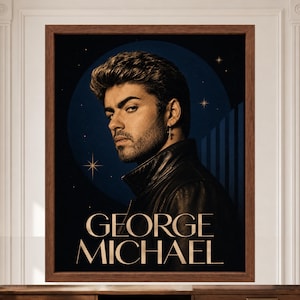 Puede incluir: Un retrato impreso y enmarcado de George Michael con una chaqueta de cuero negra sobre un fondo circular azul oscuro con estrellas doradas. El nombre GEORGE MICHAEL aparece impreso en grandes letras may&uacute;sculas doradas en la parte inferior.
