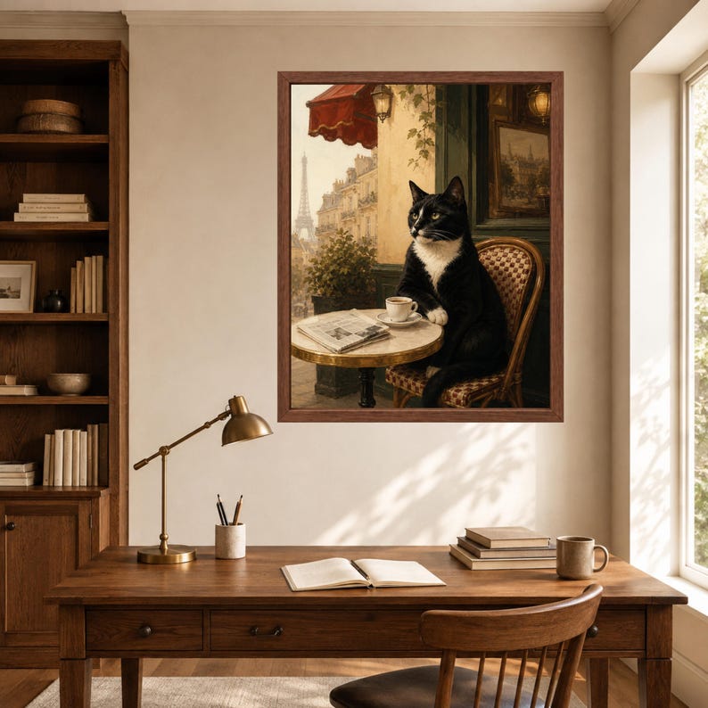 May include: A framed wall art print depicting a black and white cat sitting at a small round cafe table with a newspaper and a cup of coffee. The background shows a Parisian street scene with the Eiffel Tower visible in the distance.