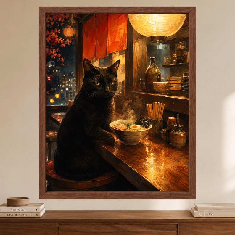 May include: A framed wall art print depicting a black cat sitting on a stool at a wooden counter in a dimly lit restaurant. A bowl of steaming ramen with an egg sits on the counter next to a container of chopsticks and various condiment bottles.