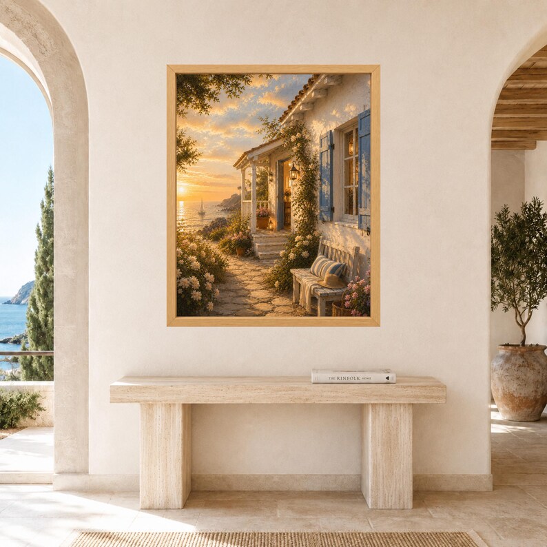 May include: A framed wall art print depicting a Mediterranean coastal cottage at sunset. The scene features a stone path, a wooden bench with striped cushions, blue shutters, and climbing vines, all illuminated by the warm golden light of the setting sun.