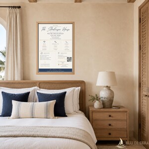 May include: A rectangular framed wall sign with a white background and dark blue text. The sign displays house rules, Wi-Fi details, check-in times, and contact information for guests, featuring a QR code and the title The Anderson House.