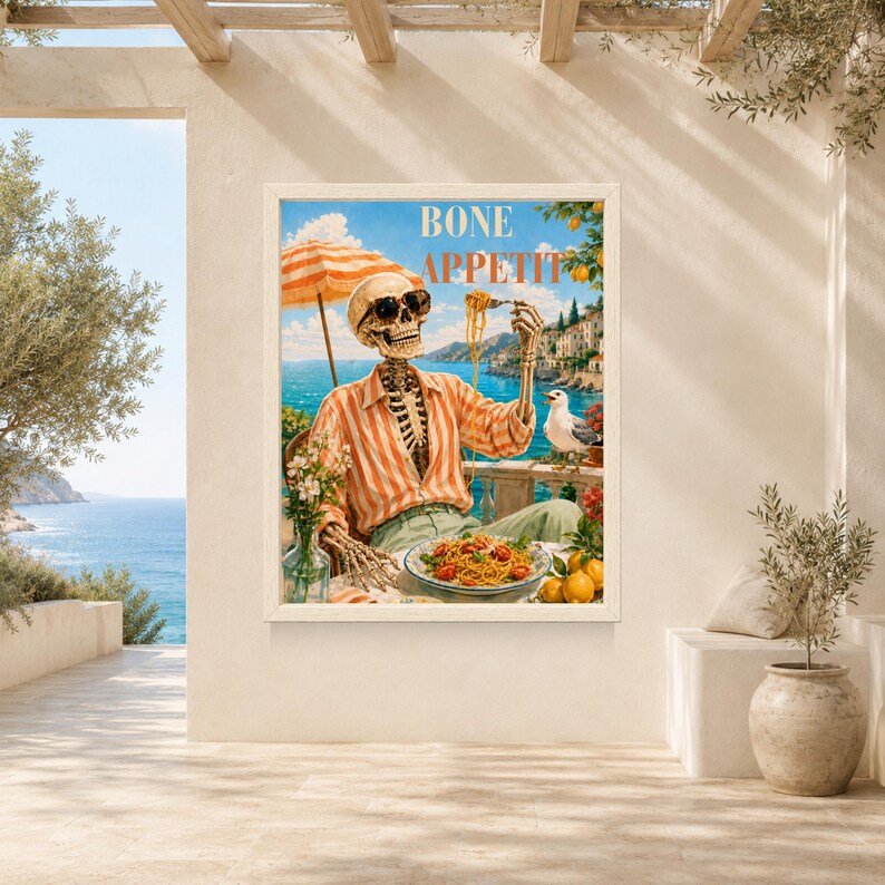Peut inclure: Une impression murale rectangulaire repr&eacute;sentant un squelette portant des lunettes de soleil et une chemise ray&eacute;e orange, assis &agrave; une table avec une assiette de p&acirc;tes. Le texte BONE APPETIT est imprim&eacute; au-dessus. La sc&egrave;ne inclut une vue c&ocirc;ti&egrave;re.