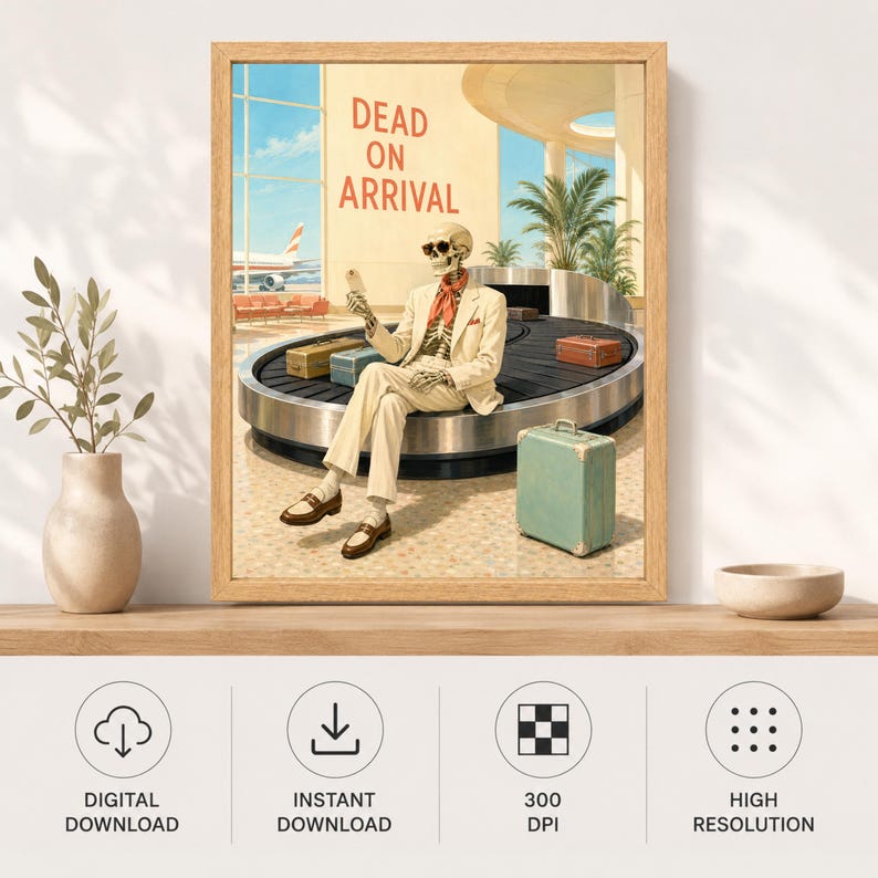 Puede incluir: Una impresi&oacute;n art&iacute;stica enmarcada que muestra un esqueleto con traje beige, bufanda roja y gafas de sol, sentado en una cinta de equipaje de aeropuerto. El texto DEAD ON ARRIVAL es visible en la pared junto a varias maletas vintage.