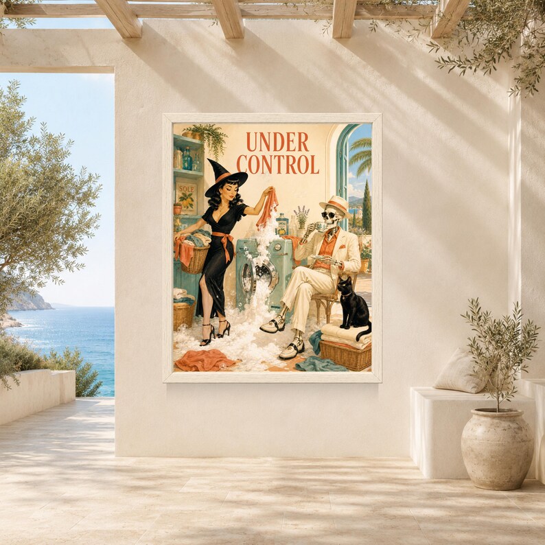 May include: A framed wall art print titled UNDER CONTROL featuring a witch in a black dress and hat doing laundry in a washing machine overflowing with bubbles, while a skeleton in a suit and hat sits nearby with a black cat.