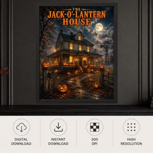 K&ouml;nnte beinhalten: Ein gerahmter digitaler Kunstdruck mit dem Titel THE JACK-O'-LANTERN HOUSE zeigt ein zweist&ouml;ckiges Haus, das nachts unter einem Vollmond von leuchtenden orangefarbenen K&uuml;rbissen erhellt wird, mit einer Windm&uuml;hle und Herbstlaub.