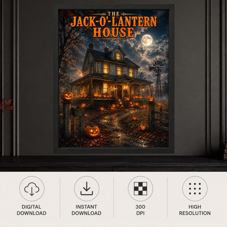 K&ouml;nnte beinhalten: Ein gerahmter digitaler Kunstdruck mit dem Titel THE JACK-O'-LANTERN HOUSE zeigt ein zweist&ouml;ckiges Haus, das nachts unter einem Vollmond von leuchtenden orangefarbenen K&uuml;rbissen erhellt wird, mit einer Windm&uuml;hle und Herbstlaub.