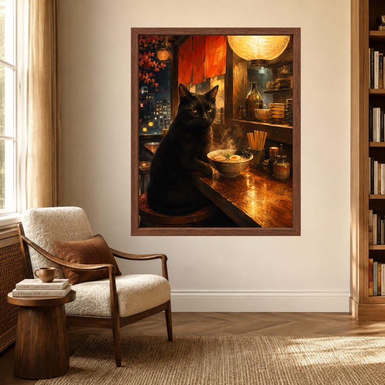 May include: A framed wall art print depicting a black cat sitting at a wooden counter in a dimly lit ramen shop. The cat is positioned next to a steaming bowl of ramen with chopsticks. The background shows a warm glowing lantern and city lights.