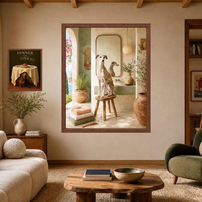 Whippet Bathroom Wall Art, Greyhound Dog Poster, Mediterranean Bathroom Print, Digital Download immagine 3