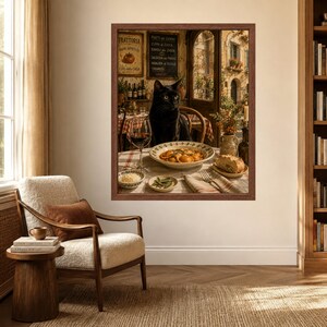 May include: A framed wall art print depicting a black cat sitting at a table in an Italian restaurant. The table is set with a bowl of ravioli, a glass of red wine, a small bowl of grated cheese, a plate of herbs, and a piece of crusty bread.