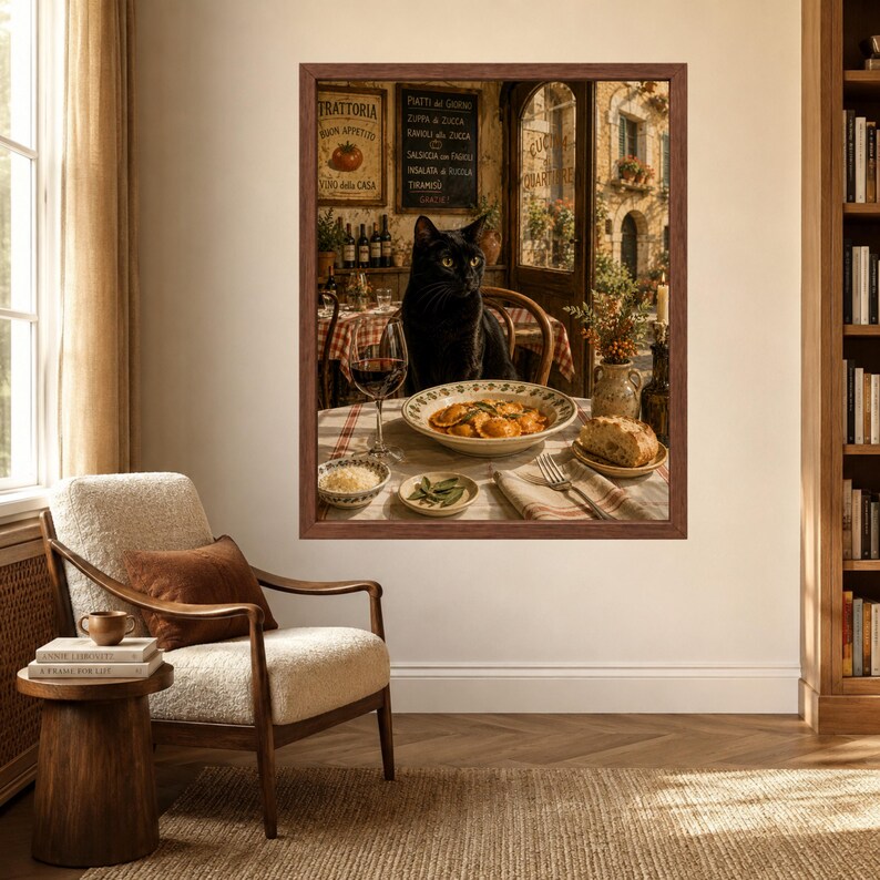 May include: A framed wall art print depicting a black cat sitting at a table in an Italian restaurant. The table is set with a bowl of ravioli, a glass of red wine, a small bowl of grated cheese, a plate of herbs, and a piece of crusty bread.
