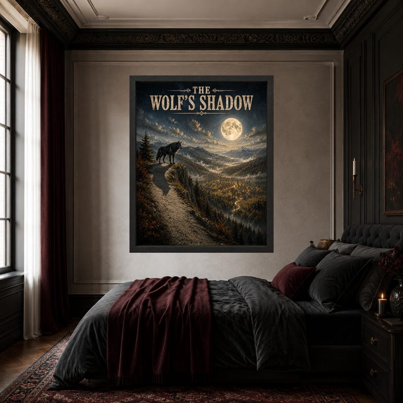 May include: A framed wall art print titled THE WOLF'S SHADOW, featuring a dark, detailed landscape illustration of a lone wolf standing on a cliff edge overlooking a forested valley under a bright full moon in a cloudy night sky.