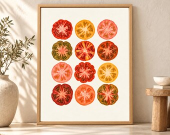 Tomato Wall Art, Colorful Kitchen Print, Heirloom Tomato Poster, Retro Food Decor, Digital Download
