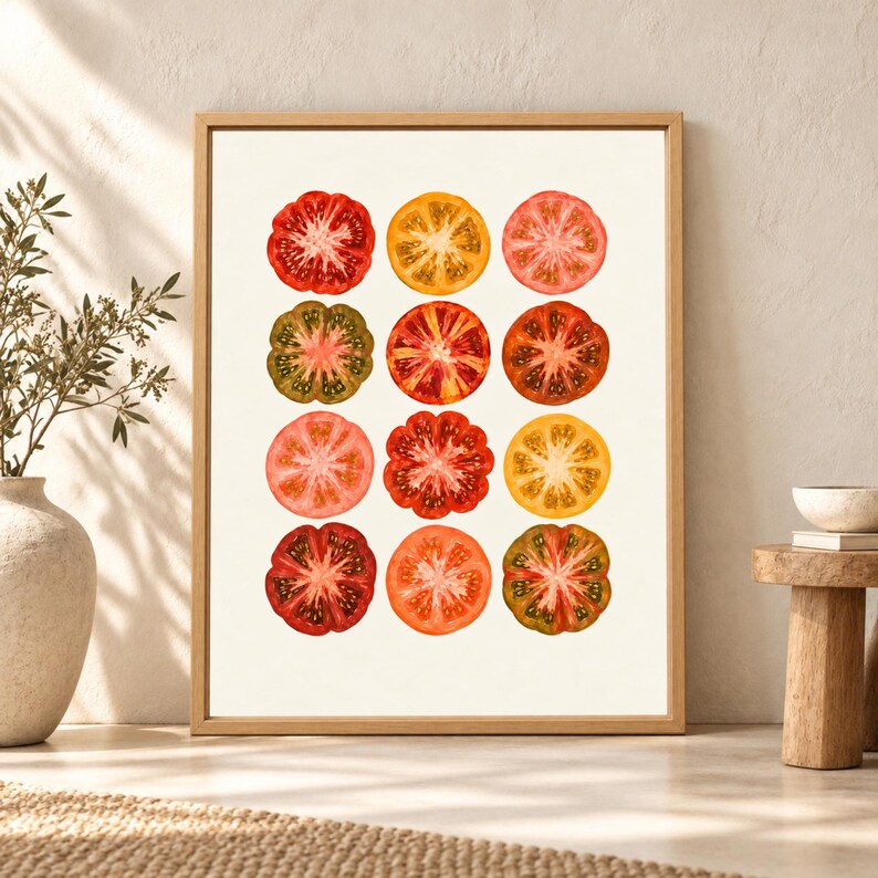 Framed tomato wall art featuring twelve hand-painted heirloom tomato slices in red, orange, pink, yellow and olive tones arranged on a warm cream background.