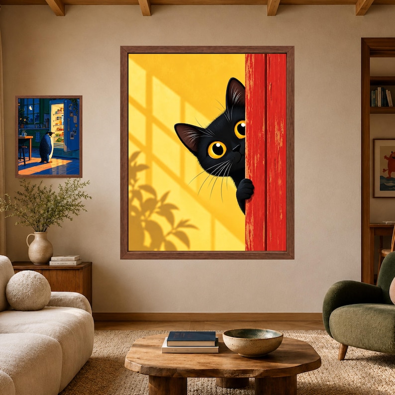 May include: A framed wall art print featuring a black cat with large yellow eyes peeking from behind a bright red wooden door against a yellow background with leaf shadows. A smaller framed print of a penguin by a refrigerator is also visible.