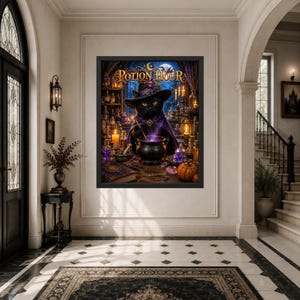 May include: A framed wall art print titled Potion Hour featuring a black cat wearing a purple witch hat and cape, stirring a glowing purple cauldron. The scene includes candles, potion bottles, crystals, and a pumpkin on a wooden table.